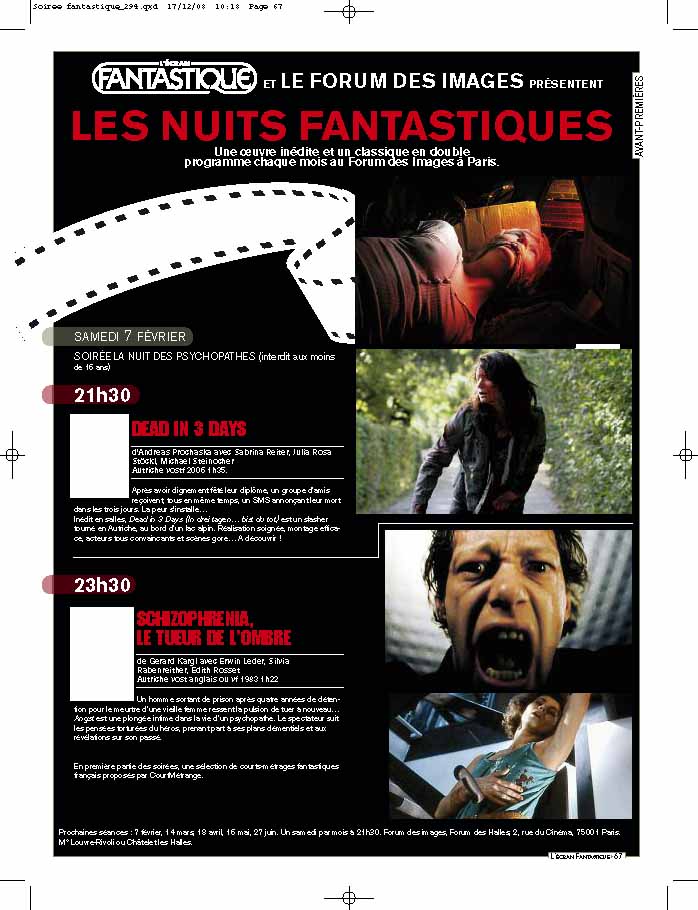 Une soirée HORREUR à ne pas manquer, samedi 7 février à 21h30 au Forum des Images de Paris :  DEAD IN 3 DAYS, un remarquable giallo autrichien inédit en France (2006) et le sulfureux ANGST ! (1992). Un double-programme HORREUR MADE IN AUSTRIA !
