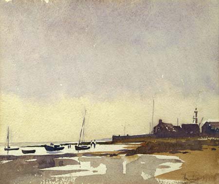 Aquarelle de Peter Cushing : le port de Whitstable, le soir venu....