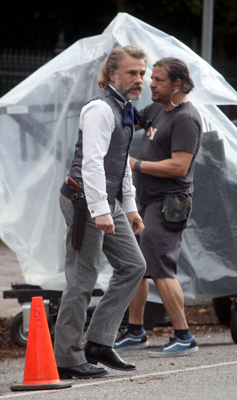 Le Docteur Schultz, alias Christoph Waltz, chasseur de primes dans 'Django Unchained" de Quentin Tarantino (photo de tournage)