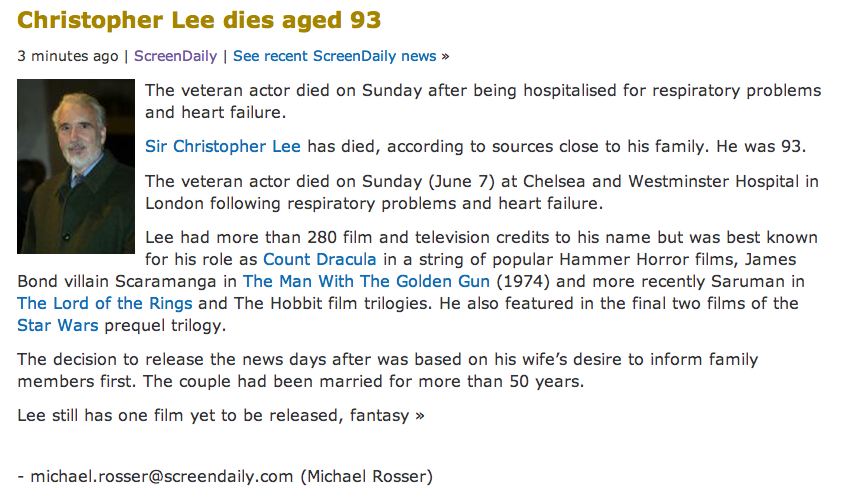 Nous venons d'apprendre que Christopher LEE est décédé, hélas. Notre magazine lui rendra (à nouveau) hommage bientôt. RIP