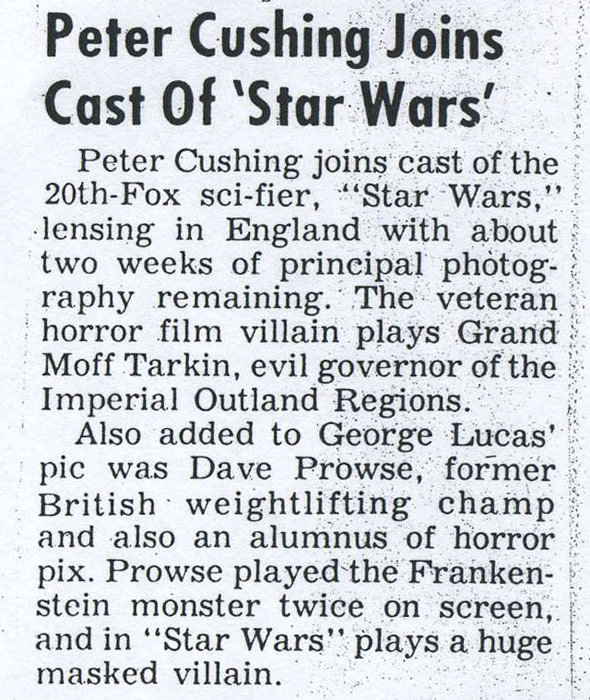 Annonce de Peter Cushing figurant au casting de "Star Wars"