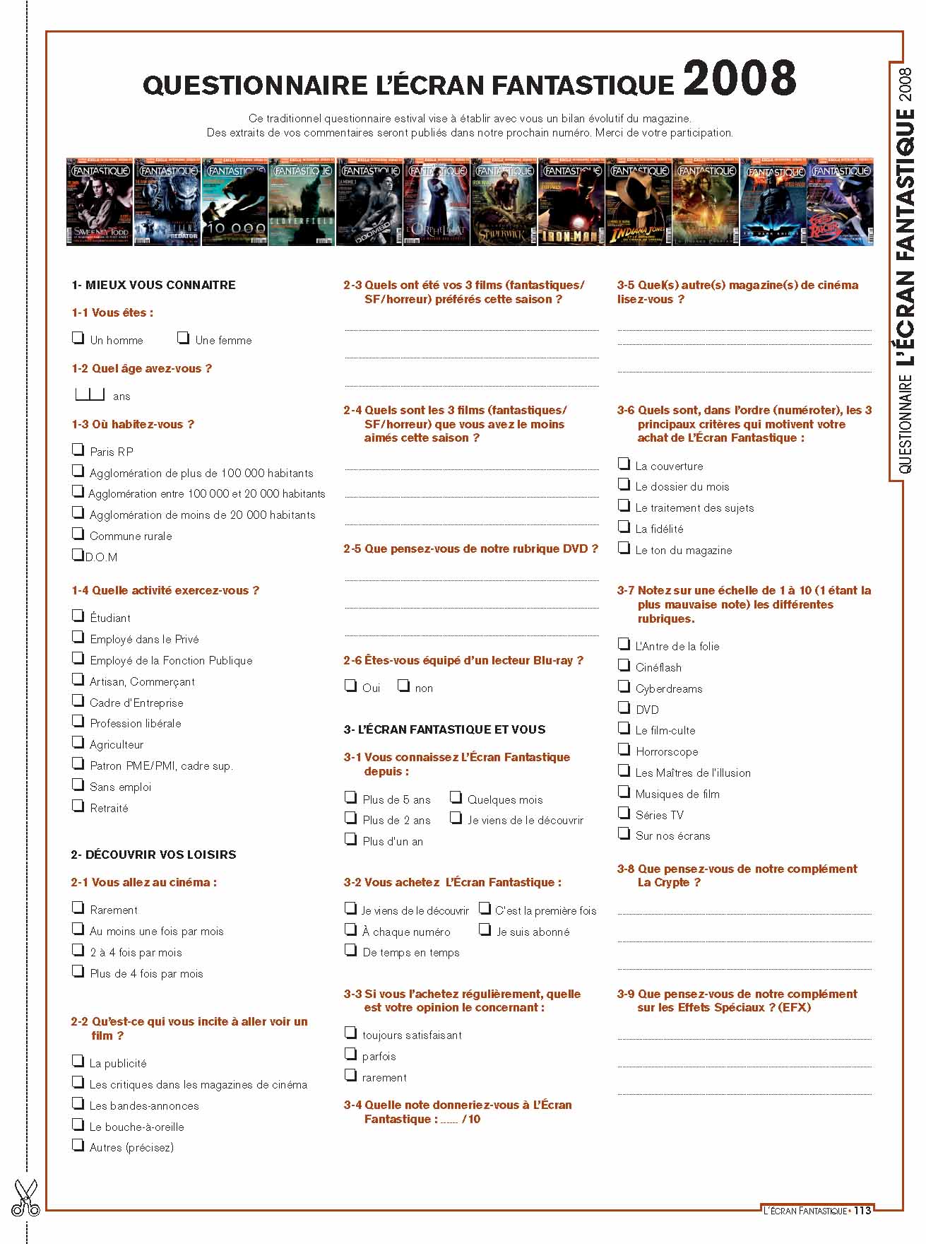 Questionnaire Ecran Fantastique. Date : 3/08/08 (voir ci-dessous)
