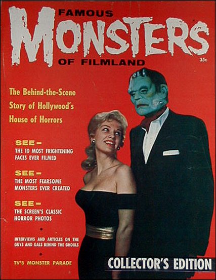 Le Ier numéro de Famous Monsters of Filmland, en 1958. Sous le masque de Frankenstein : Forrest J Ackerman, créateur du magazine