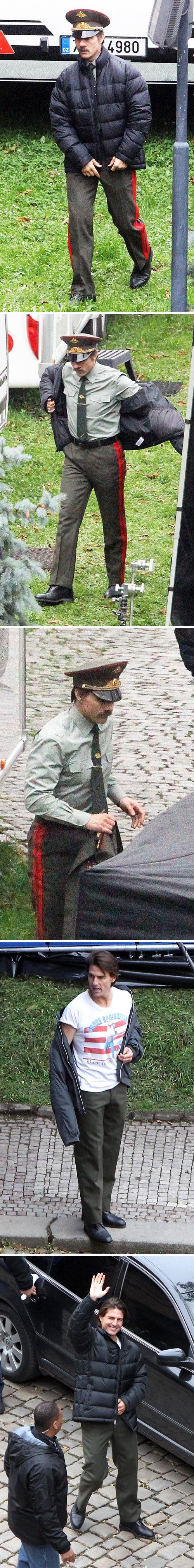 Tom Cruise arborant un uniforme russe et une grande moustache  dans "Mission : Impossible IV". Il est entouré de Jeremy Renner, Paula Patton, Vladimir Mashkov, Michael Nyqvist, Josh Holloway, Ving Rhames et Simon Pegg.
