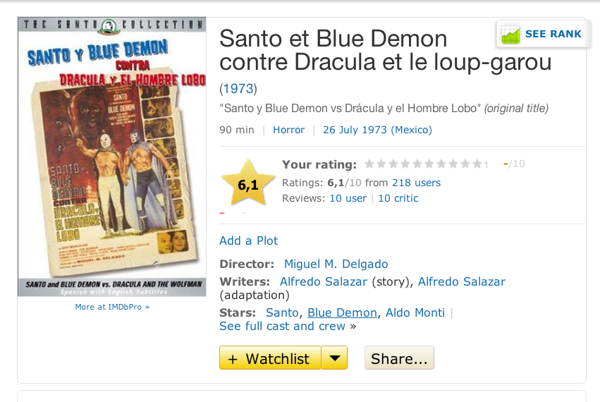 Demain à 23h55, ARTE diffusera SANTO et BLUE DEMON CONTRE DRACULA ET LE LOUP-GAROU, film inédit en France de Miguel M. Delgrade (1973)  Le film est également disponible en Replay sur ARTE+7.
