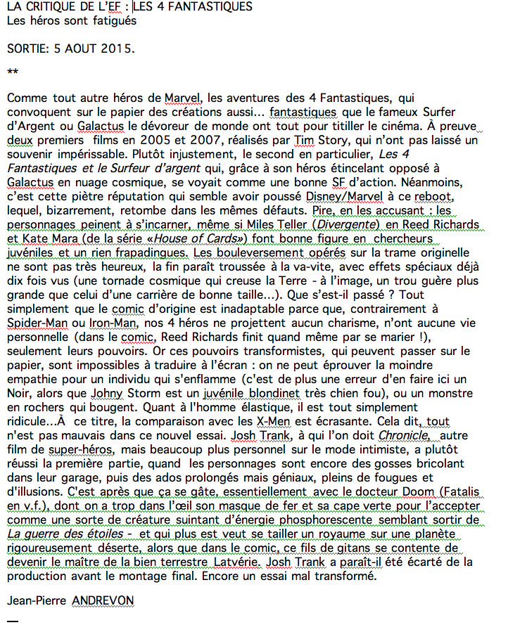 la critique des 4 FANTASTIQUES