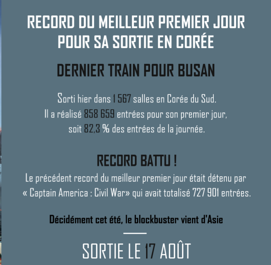Triomphe  (mérité !) pour la sortie du DERNIER TRAIN POUR BUSAN en Corée du Sud….