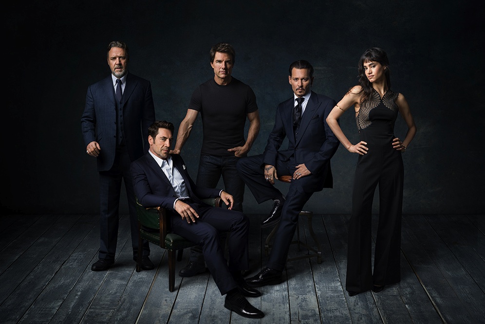 Les 5 stars de la série “Dark Universe” d’Universal :  Russell Crowe (le Dr.Jekyll), Javier Bardem (le monstre de Frankenstein), Tom Cruise (Nick Morton), Johnny Depp (l’homme invisible) et Sofia Boutella (la momie).